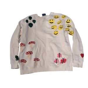 Coney Island Picnic Womens XL White Graphic Puff Print Sweatshirt Smiley Frog